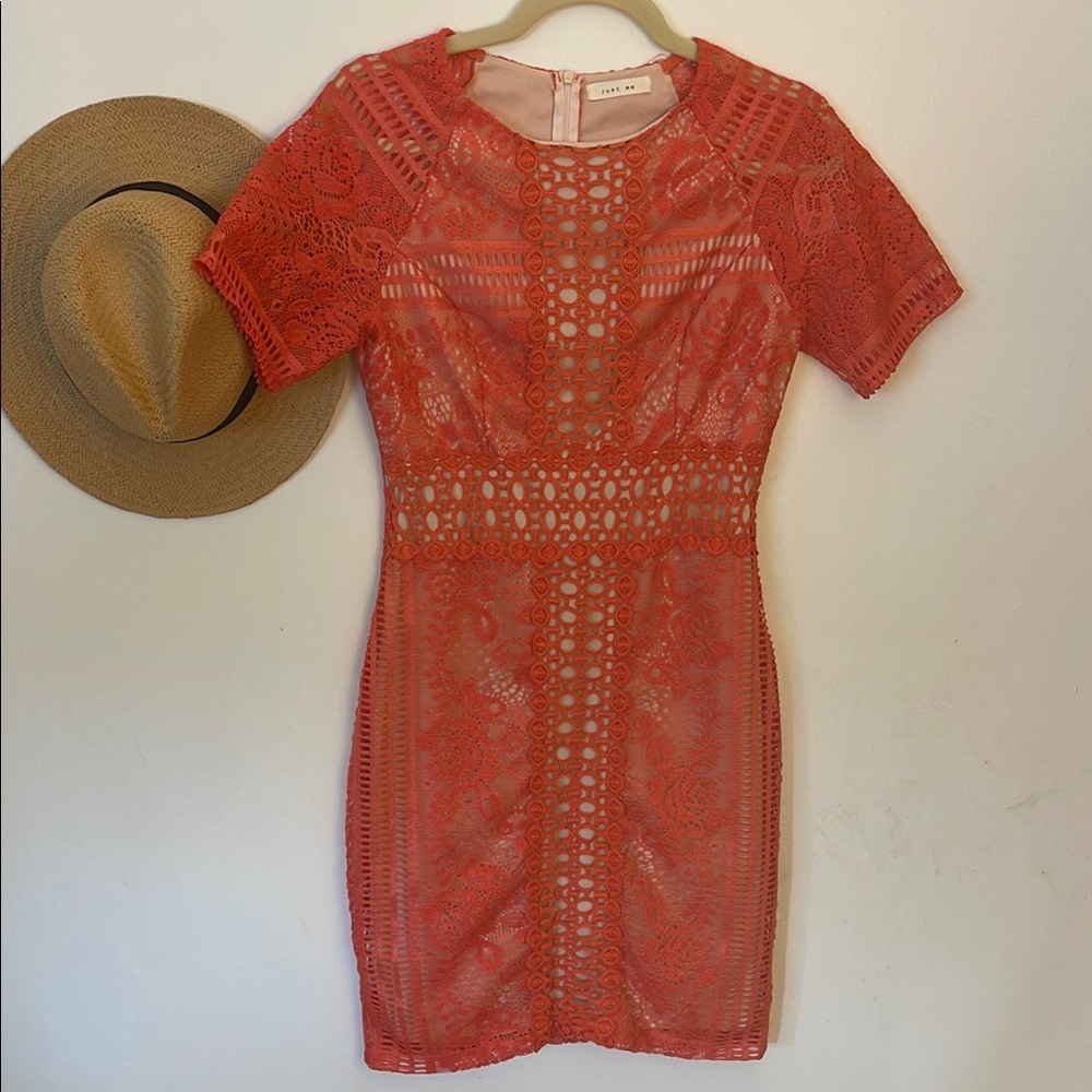JUST ME | Women’s Orange Red Lace Mini Bodycon Dress Size Small